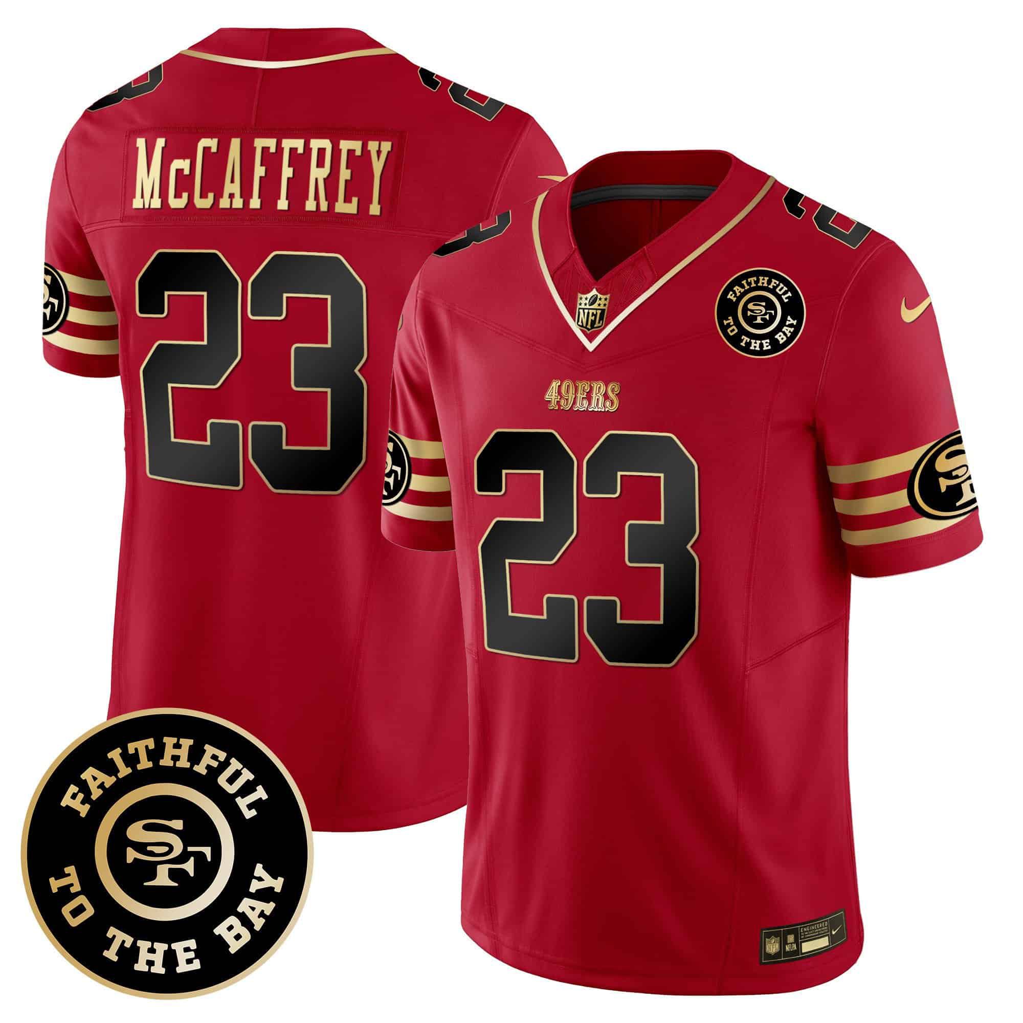 Men San Francisco 49ers 23 Mccaffrey Red 2024 Nike Faithful To The Bay Patch Vapor Limited NFL Jersey